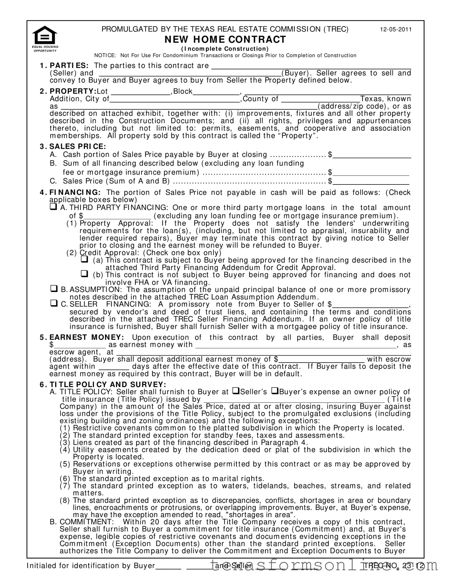 Blank Texas Real Estate Sales Contract PDF Form