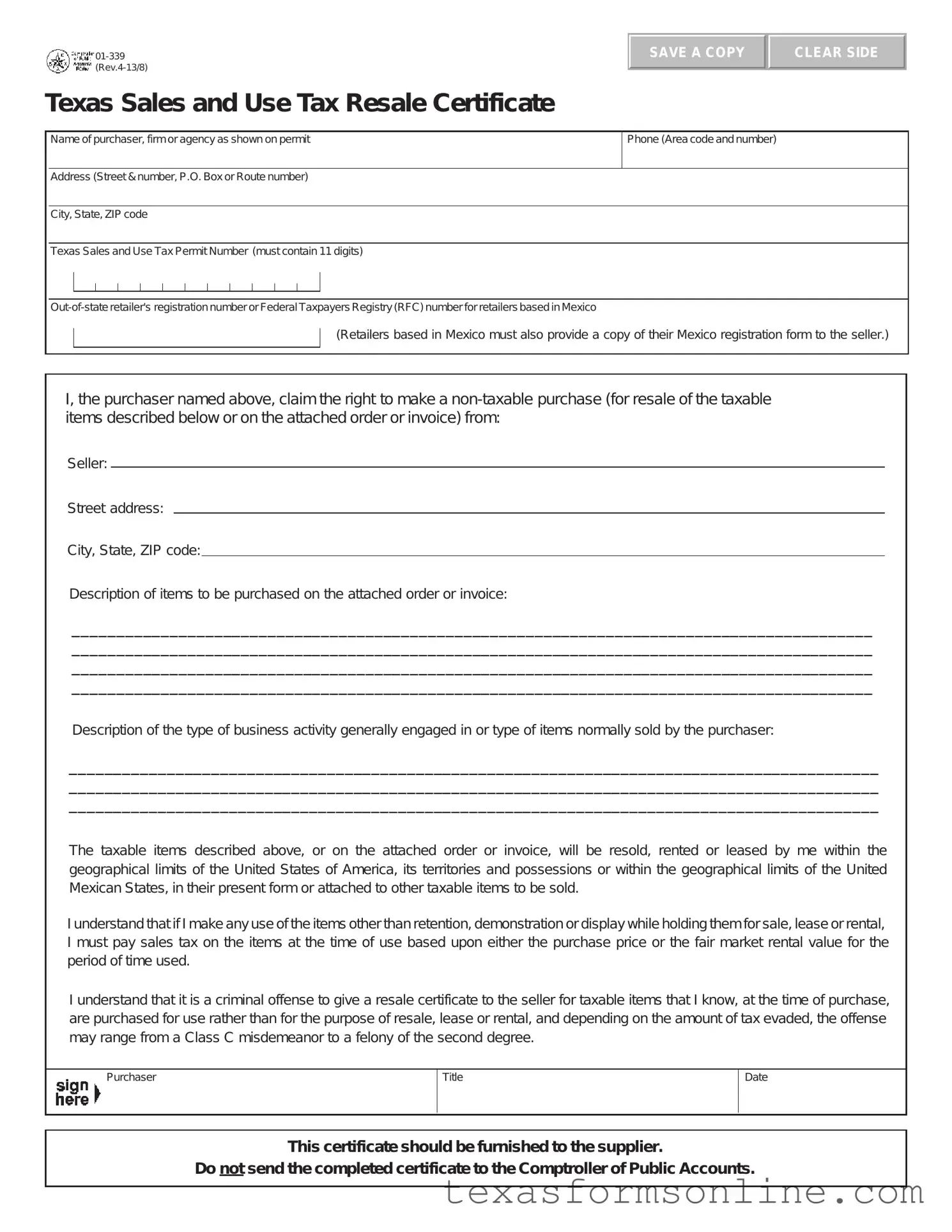 Blank Texas Resale Certificate 01 339 PDF Form