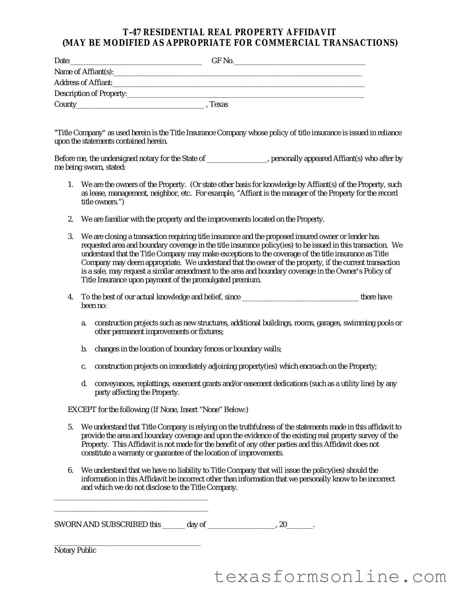 Blank Texas residential property affidavit T-47 PDF Form
