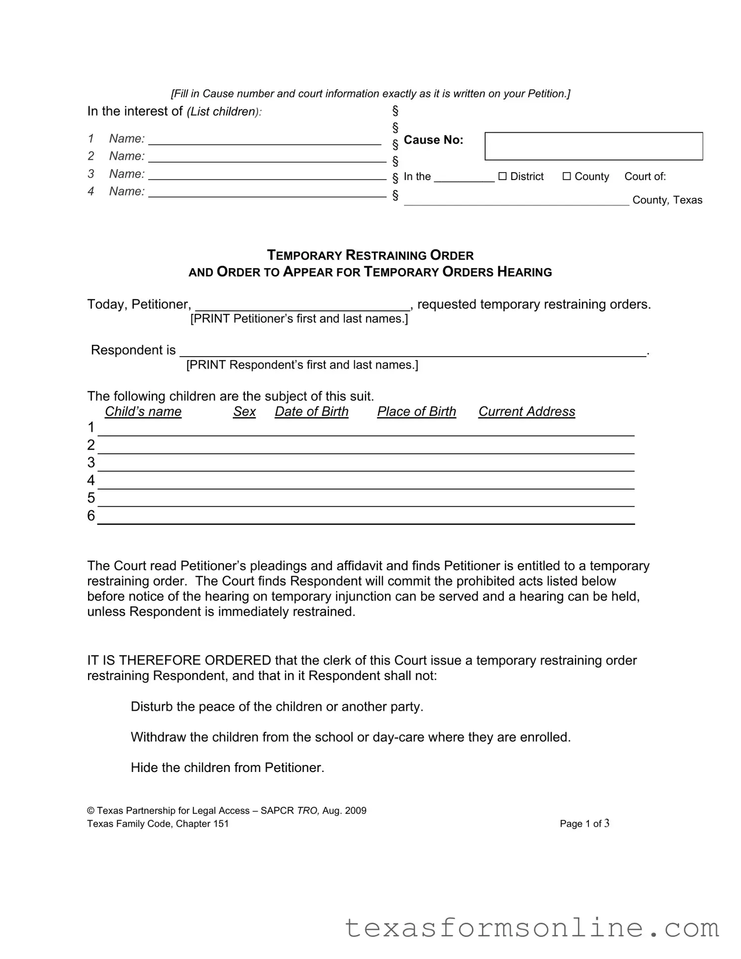 Blank Texas Temporary Restraining Order PDF Form