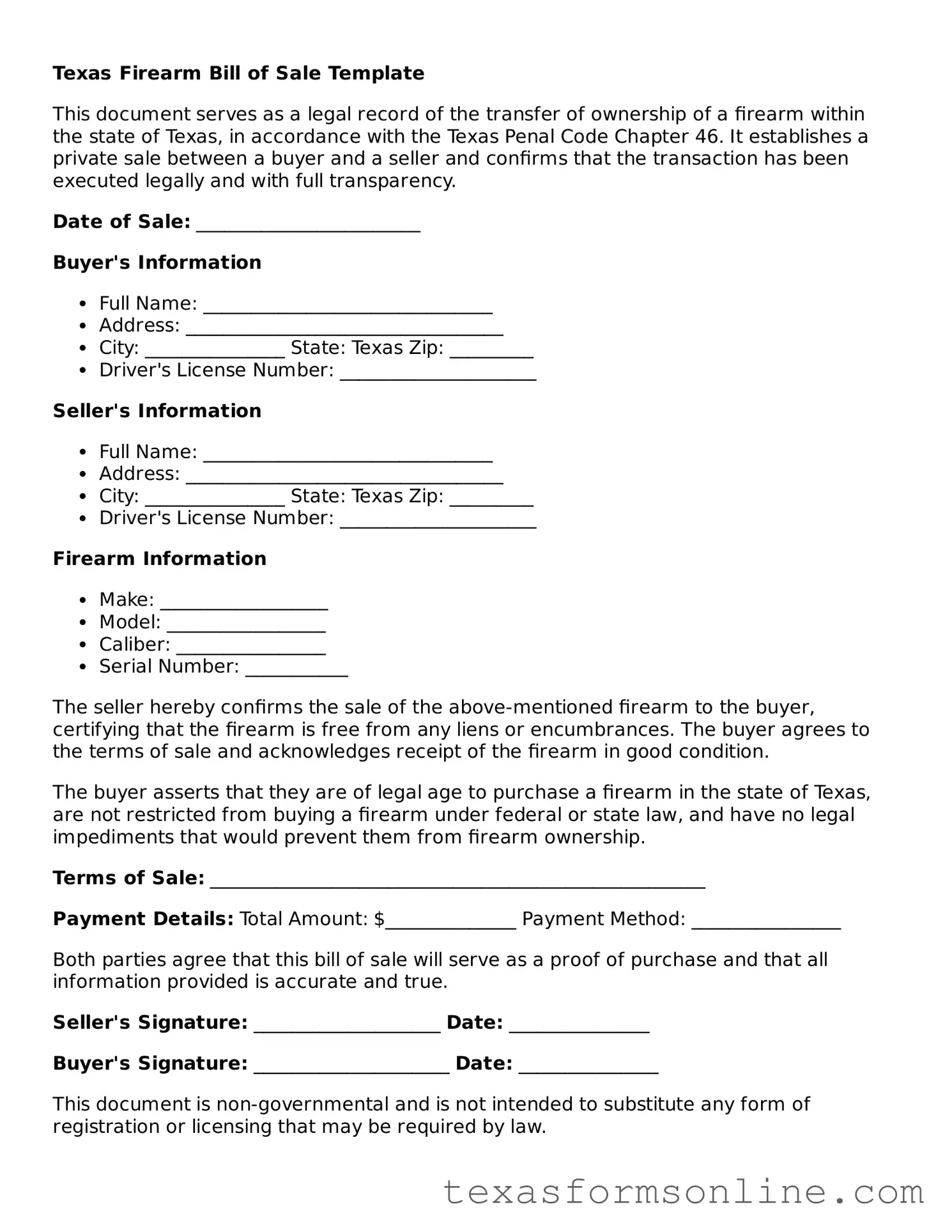 Official Texas Firearm Bill of Sale Document