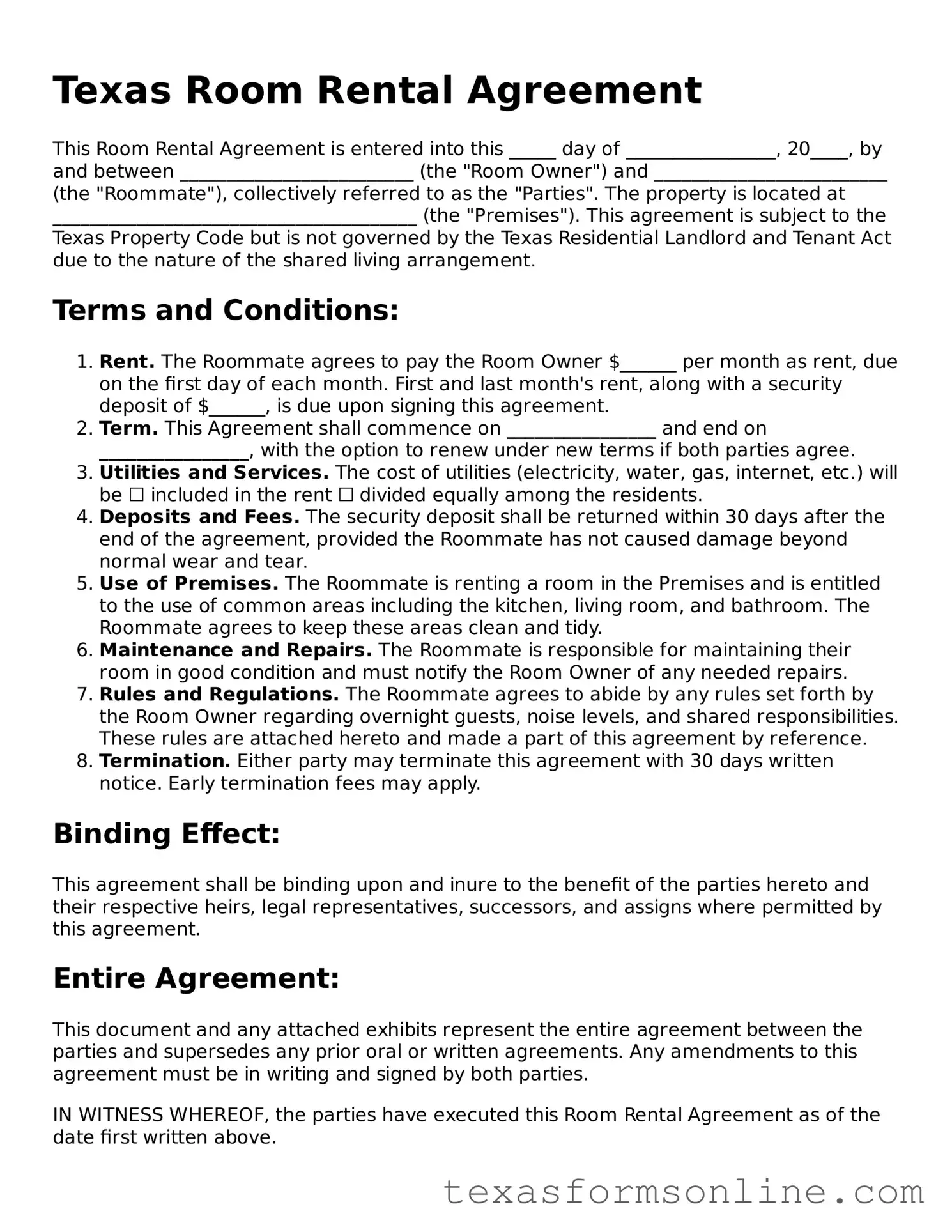 Official Texas Room Rental Agreement Document