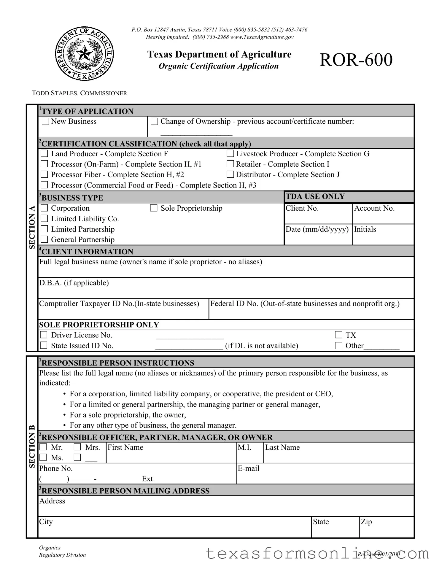 Blank Texas Ror 600 PDF Form