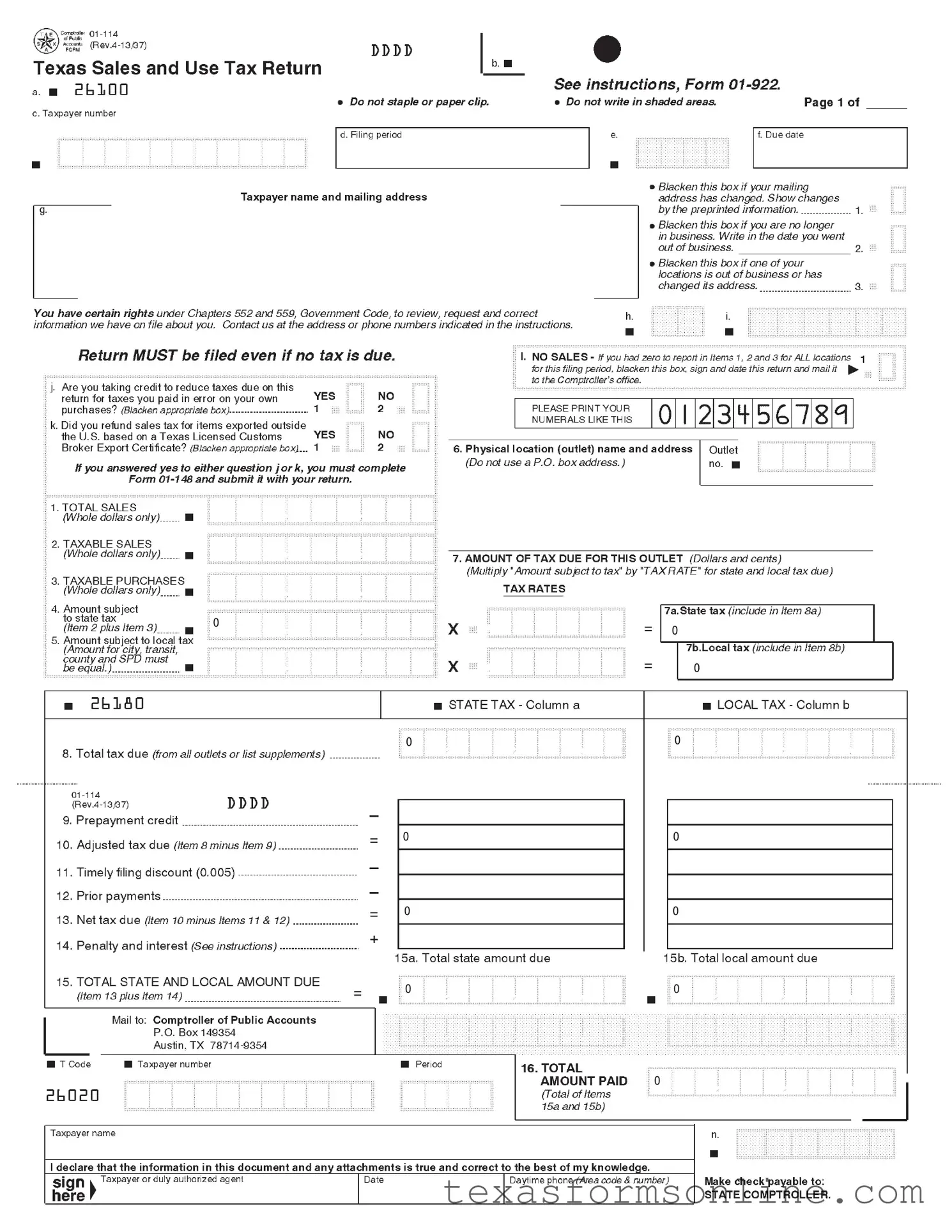 Blank Texas Sales 01 922 PDF Form