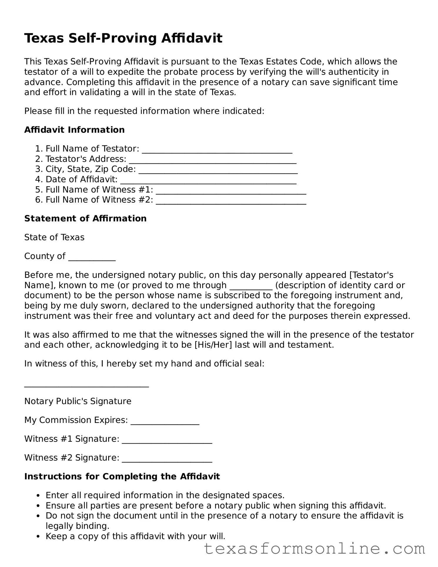 Official Texas Self-Proving Affidavit Document