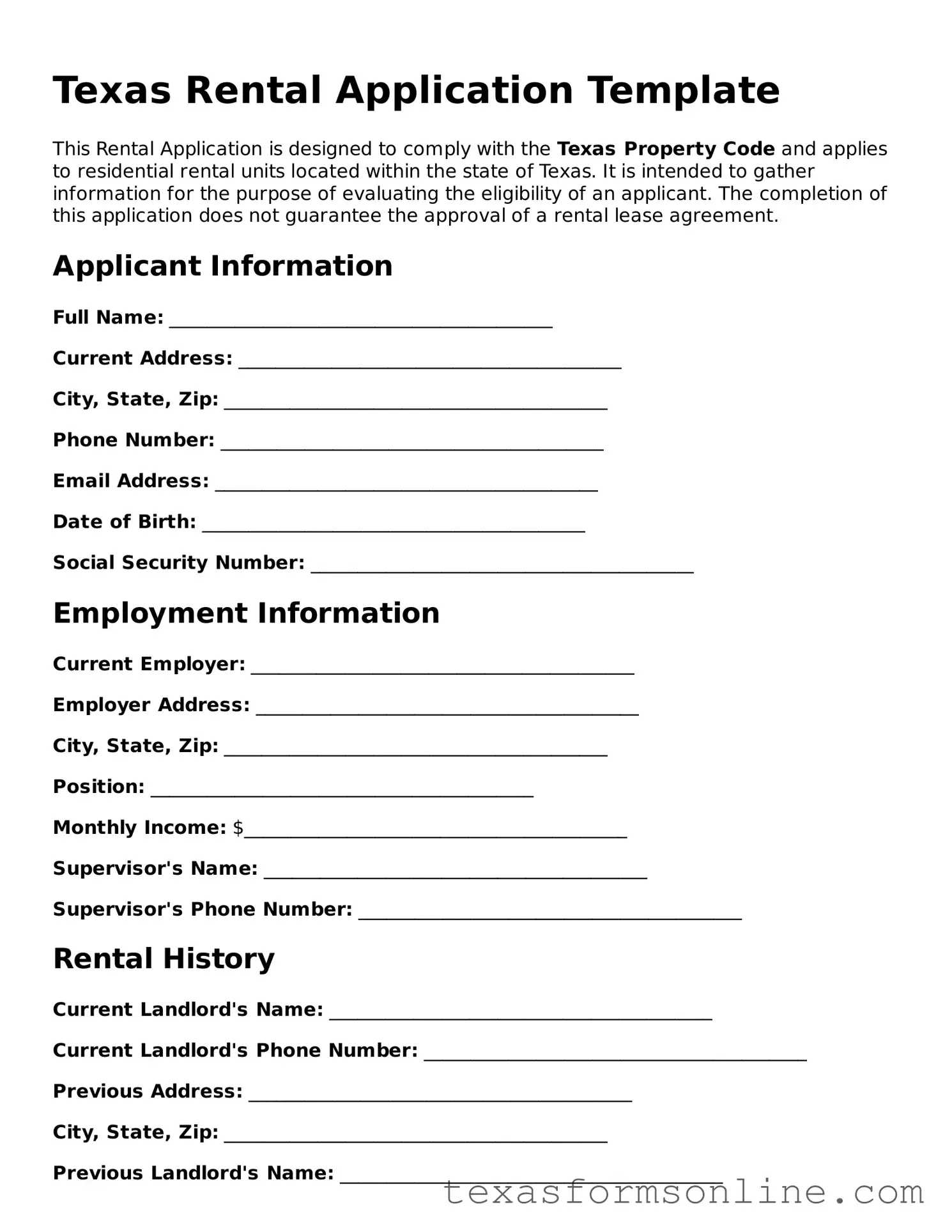 Official Texas Rental Application Document