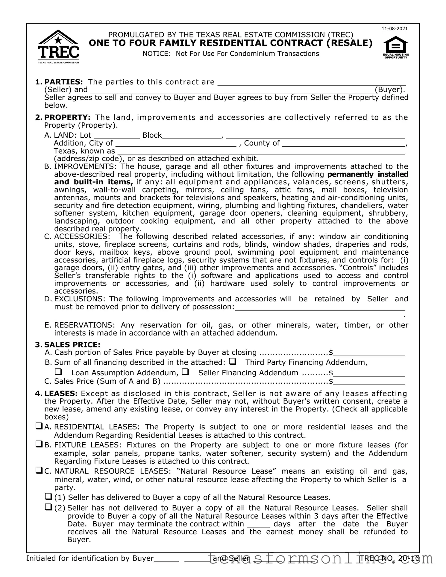 Blank Texas Trec Residential Contract PDF Form