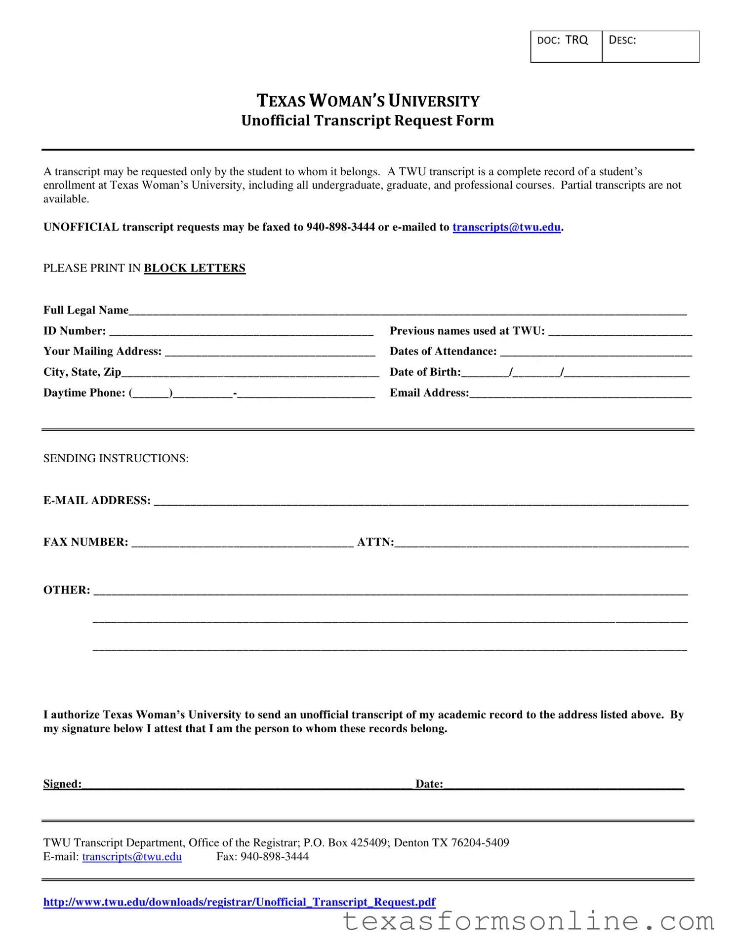 Blank Texas Unofficial Transcript PDF Form