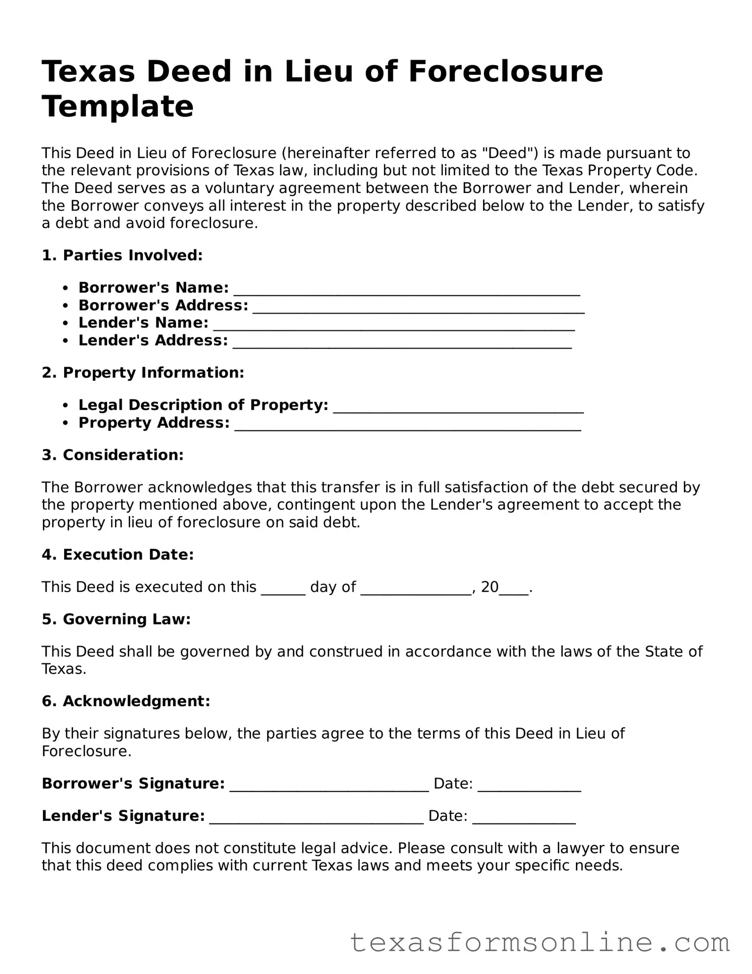 Official Texas Deed in Lieu of Foreclosure Document