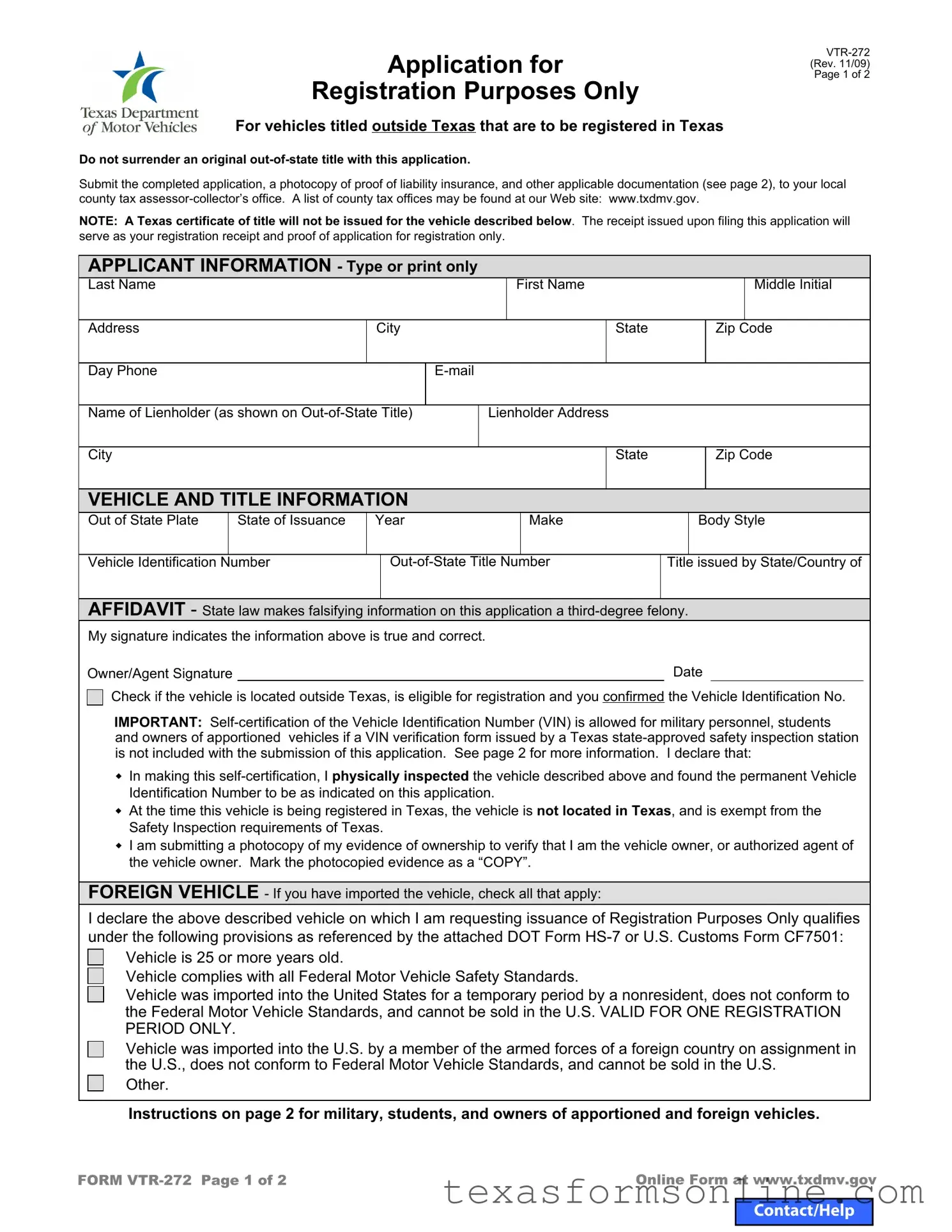 Blank Texas Vtr 272 PDF Form