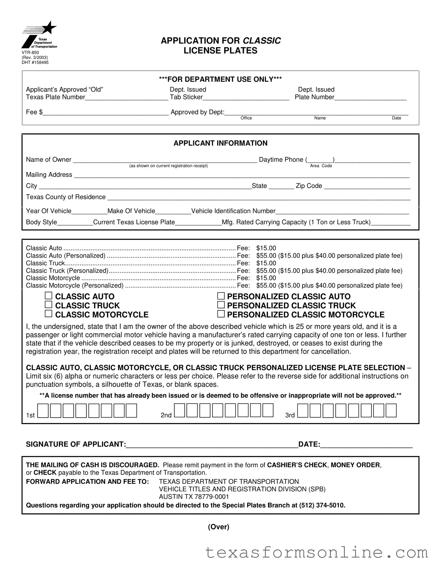Blank Texas Vtr 850 PDF Form